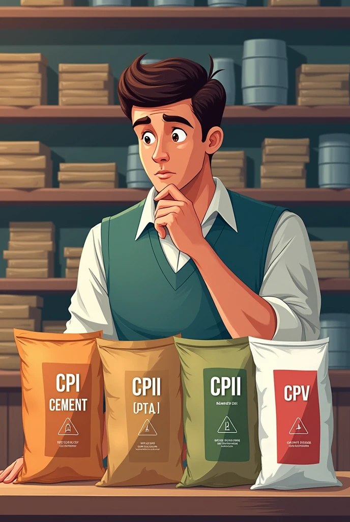 person trying to choose between different bags of CPI cement, CPII, CPIII, CPIV and CPV