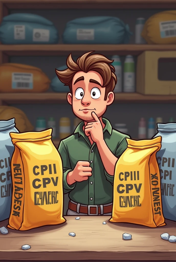 person trying to choose between different bags of CPI cement, CPII, CPIII, CPIV and CPV