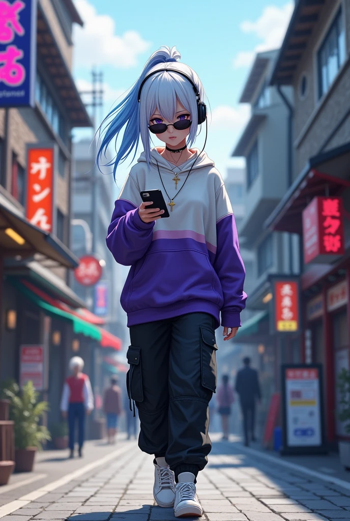 demon girl, White and blue hair, He wears a white and purple sweatshirt,a cross necklace,wear sunglasses,use headphones,wear black cargo pants,white tennis shoes and walks down a Japanese street while looking at his cell phone 
