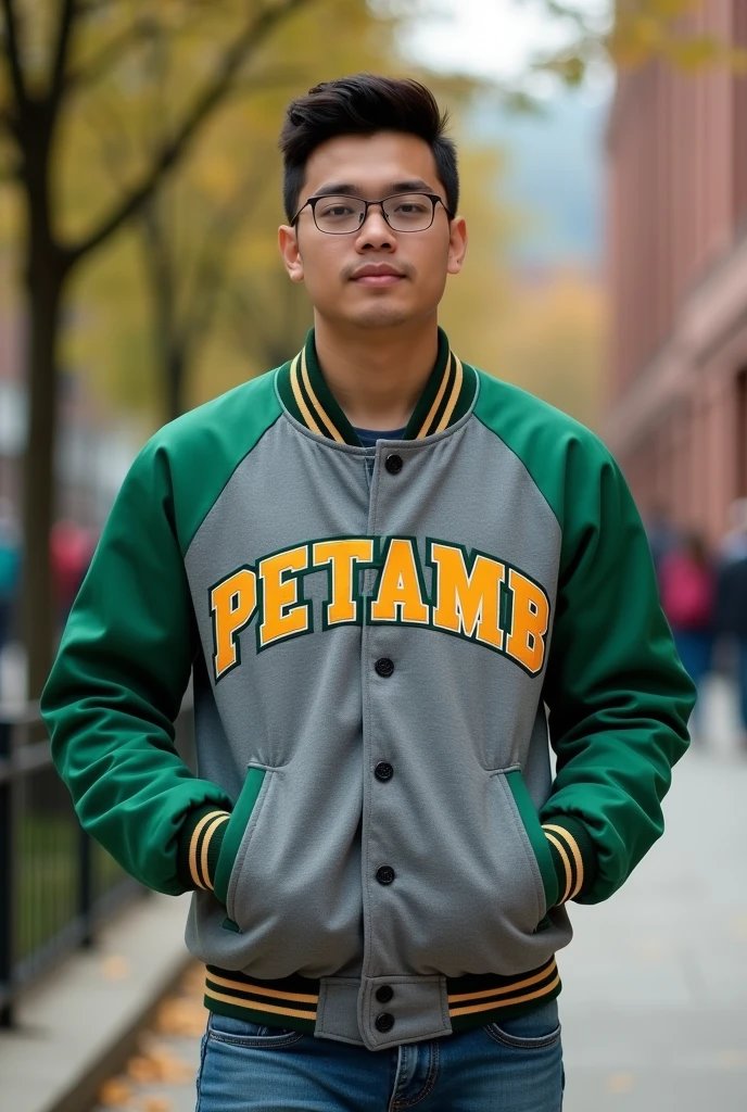Gray college jacket with green sleeves, written PETAMB 