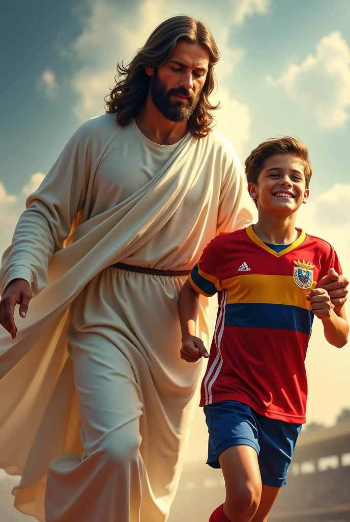 Jesus accompanying a young athlete with the Venezuelan shirt to the finish line