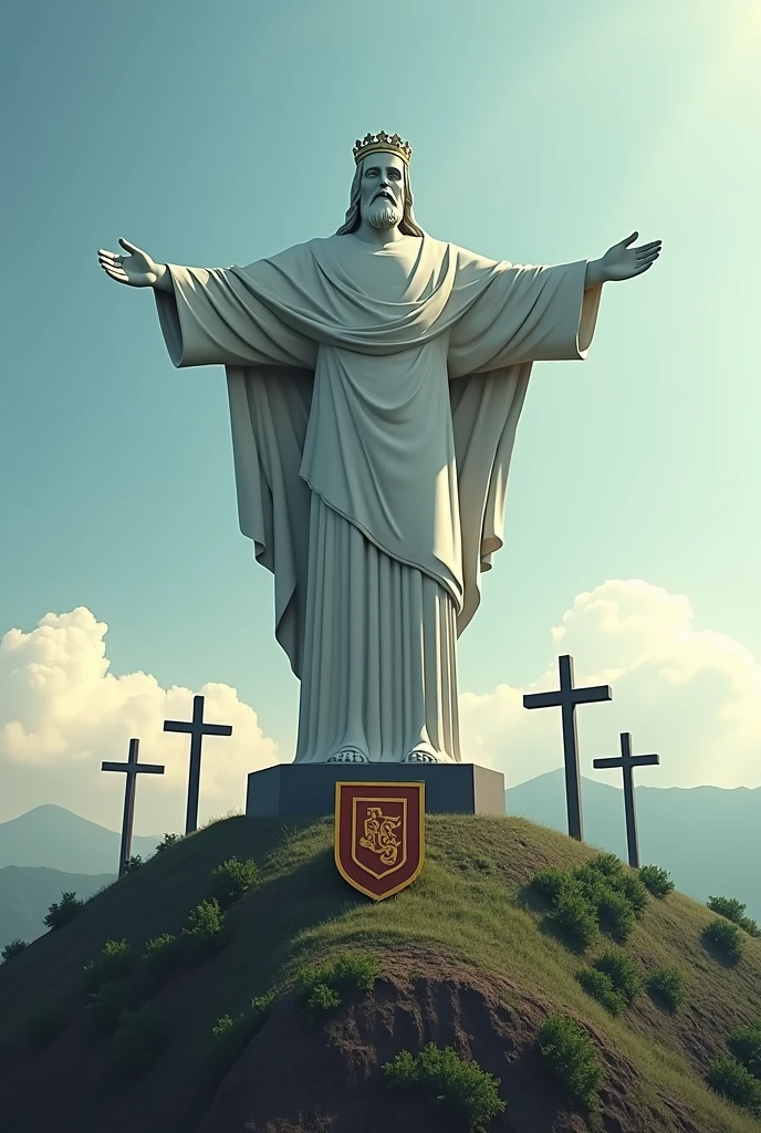 Imagine the statue of Christ the King Cali, Behind the hill of the 3 crosses and in the middle the shield of Once Caldas and that says Cali subsidiary