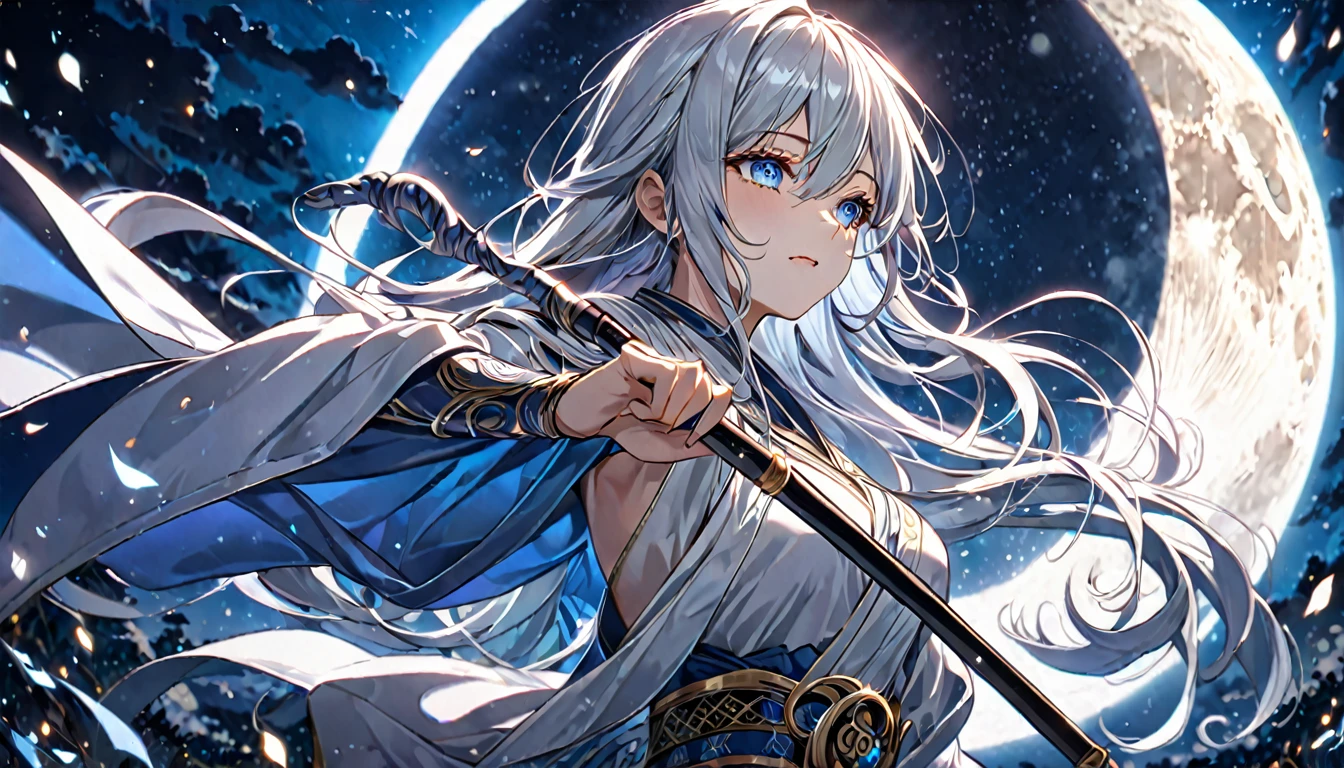 **235. One person。Guardians of the Moon fight scene。Under the full moon shining in the night sky。Cowboy shot or close-up。
masterpiece, best quality, ultra detailed (Detailed fingers), (Emotional), (Breathtakingly beautiful),
(main part: 1.2 Whole body。), (Anime Style), (Very detailed), (Controlling the power of the moon),
(超High resolution, High resolution), (8k), (High resolution: 1.2), (Complex and beautiful: 1.2)**
- background: Night sky with full moon shining、star々In the blinking silence。
- Guardian of the Moon: Wearing a silver robe、Controlling the power of the moon少女、Holds the moon wand。
-pose: Lift up your cane、The moment when the moonlight is collected。
-expression: A calm and mysterious look、Quiet strength in the moonlight。
- Effects: The moonlight emitted from the staff envelopes the enemy.、An effect that combines healing and attack。
-color: Silver and blue moon colors、Contrast that symbolizes the mystery of the night。