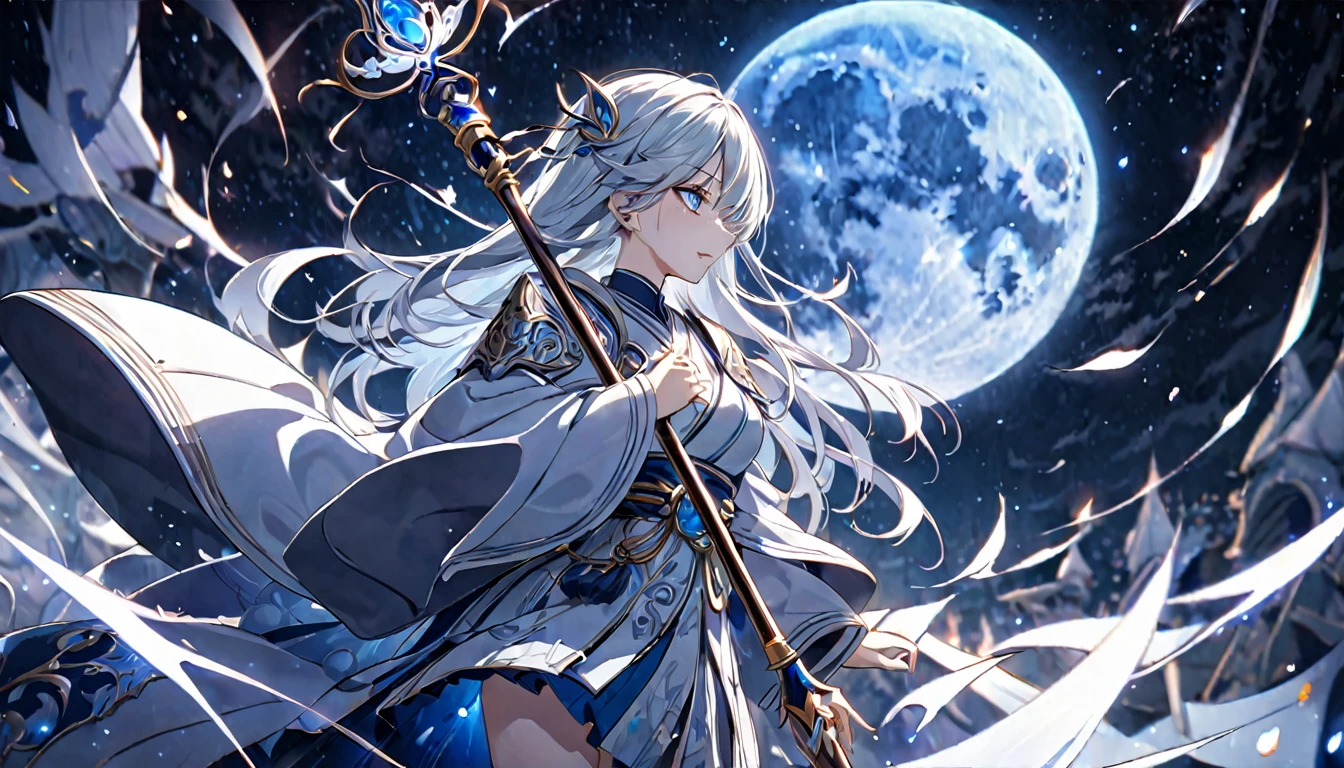 **235. One person。Guardians of the Moon fight scene。Under the full moon shining in the night sky。Cowboy shot or close-up。
masterpiece, best quality, ultra detailed (Detailed fingers), (Emotional), (Breathtakingly beautiful),
(main part: 1.2 Whole body。), (Anime Style), (Very detailed), (Controlling the power of the moon),
(超High resolution, High resolution), (8k), (High resolution: 1.2), (Complex and beautiful: 1.2)**
- background: Night sky with full moon shining、star々In the blinking silence。
- Guardian of the Moon: Wearing a silver robe、Controlling the power of the moon少女、Holds the moon wand。
-pose: Lift up your cane、The moment when the moonlight is collected。
-expression: A calm and mysterious look、Quiet strength in the moonlight。
- Effects: The moonlight emitted from the staff envelopes the enemy.、An effect that combines healing and attack。
-color: Silver and blue moon colors、Contrast that symbolizes the mystery of the night。