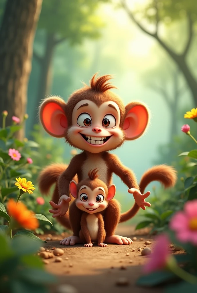 A cute monkey with a mischievous smile and bright eyes is standing next to his best friend, a small squirrel named Chiki. The squirrel, Chiki, is tiny with a fluffy tail and innocent eyes. They are in a jungle filled with vibrant greenery, colorful flowers, and tall trees. The monkey and the squirrel are close together, showing their strong friendship. The scene captures their bond and the joy they share in their playful surroundings.