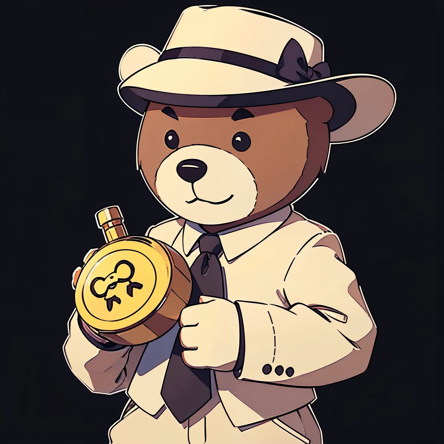 Cute teddy bear icon logo 2d flat image lineart logo teddy bear holding a perfume bottle, wearing a hat and tie, Suit, Grinning, simple lineart, basic background, a single bad boy face teddy bear, vector hd, ultra hd lineart