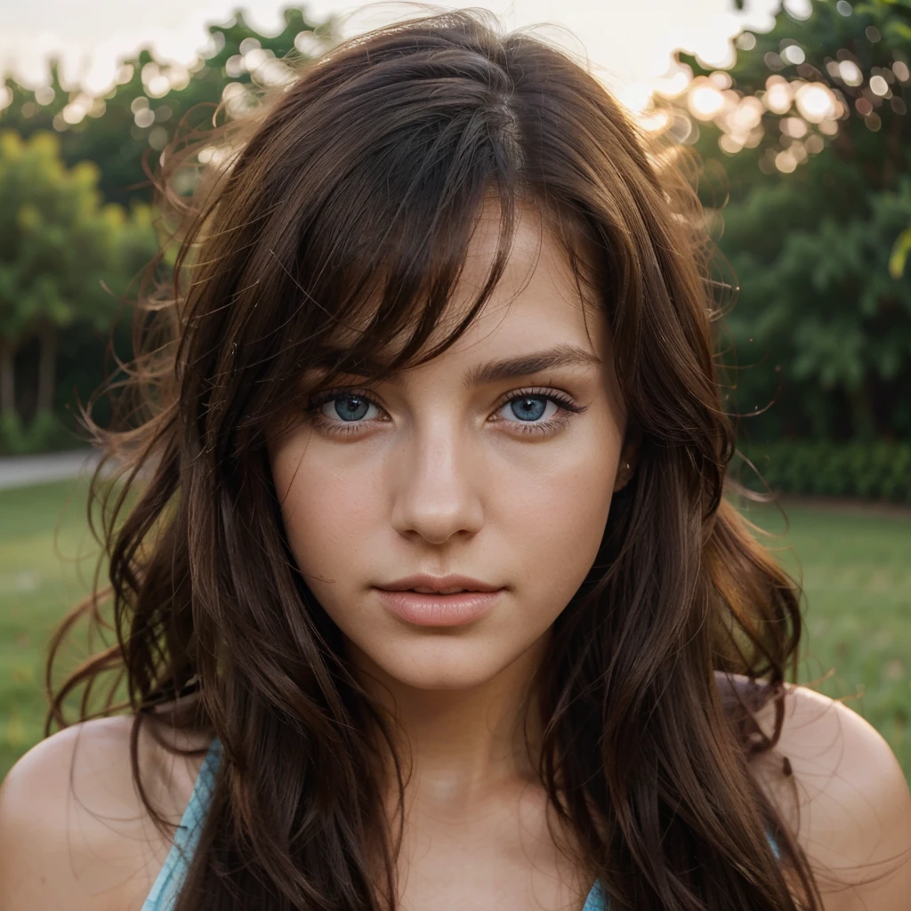 a beautiful young woman with long, dark brown hair and captivating blue eyes, she has full lips and a natural, sun-kissed complexion, her expression is alluring and confident hyperrealistic capture, high resolution capture