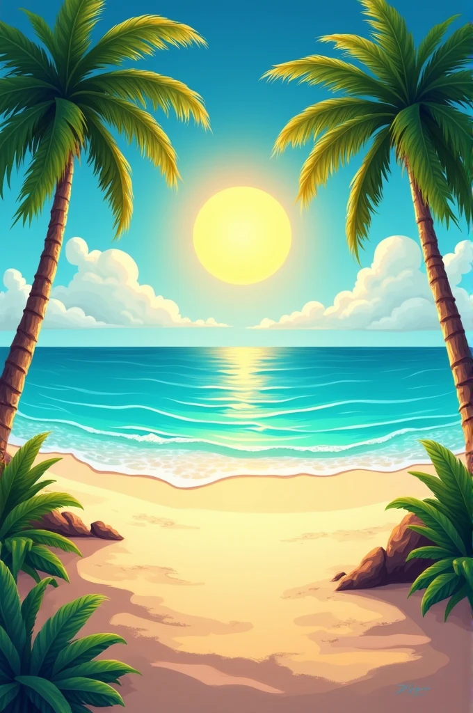 A digitally drawn picture of the beach with sun in the background
