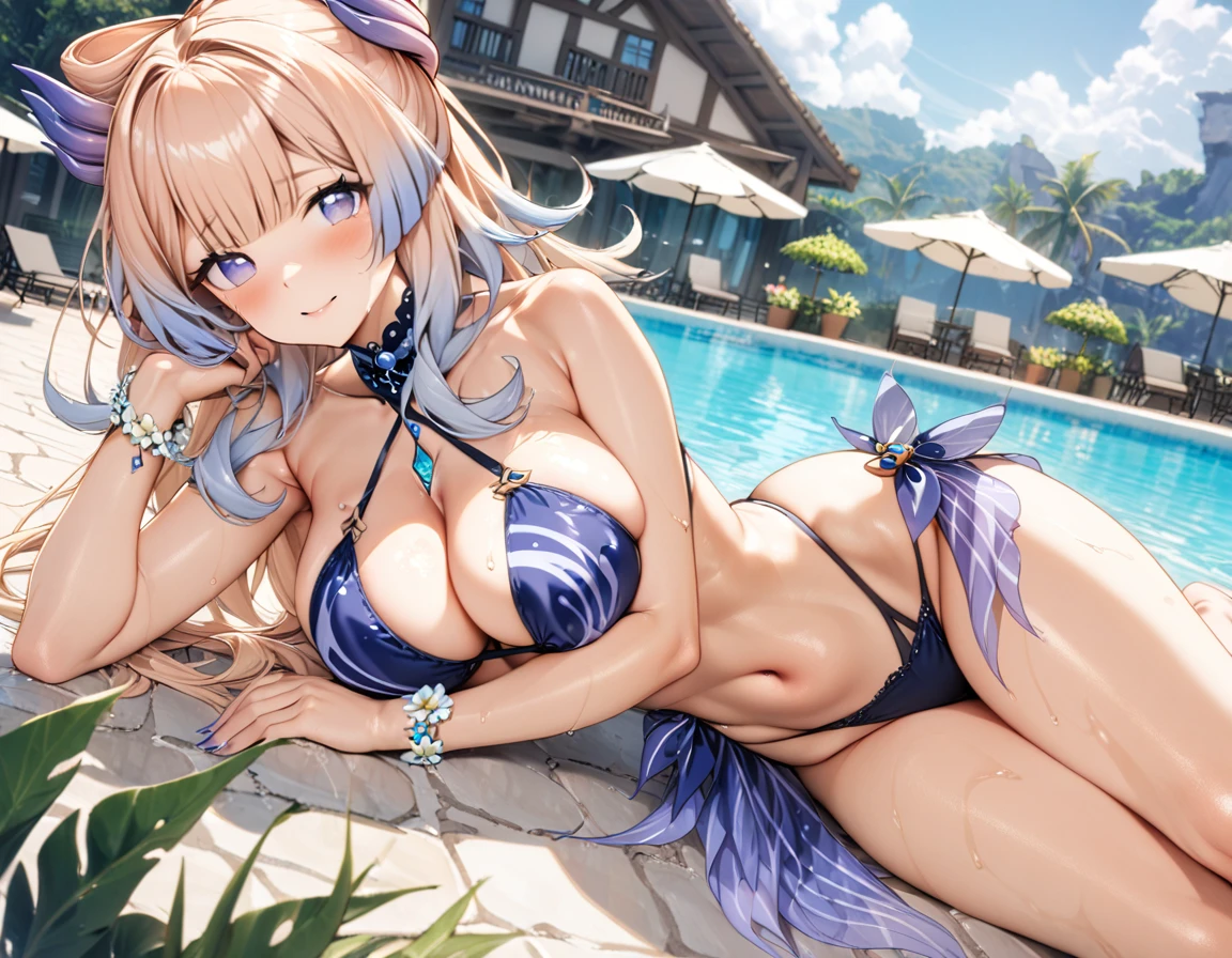 (masterpiece), best quality, expressive eyes, perfect face,1girl,sangonomiya_kokomi,genshin impact,big breasts,sexy bikini,criss-cross halter,sexy clothes,poolside,lying on side,blush,beach resort,legs crossed,sexy pose,(bare shoulders),flower bracelets,smile,mouth open,looking at viewer,wet,bare feet