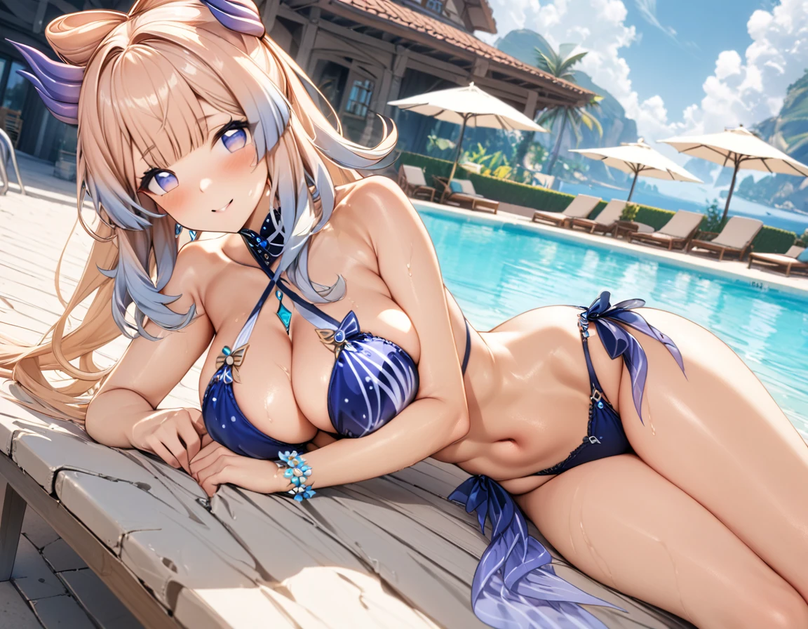 (masterpiece), best quality, expressive eyes, perfect face,1girl,sangonomiya_kokomi,genshin impact,big breasts,sexy bikini,criss-cross halter,sexy clothes,poolside,lying on side,blush,beach resort,legs crossed,sexy pose,(bare shoulders),flower bracelets,smile,mouth open,looking at viewer,wet,bare feet