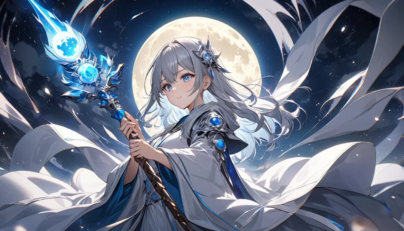 **235. One person。Guardians of the Moon fight scene。Under the full moon shining in the night sky。Cowboy shot or close-up。
masterpiece, best quality, ultra detailed (Detailed fingers), (Emotional), (Breathtakingly beautiful),
(main part: 1.2 Whole body。), (Anime Style), (Very detailed), (Controlling the power of the moon),
(超High resolution, High resolution), (8k), (High resolution: 1.2), (Complex and beautiful: 1.2)**
- background: Night sky with full moon shining、star々In the blinking silence。
- Guardian of the Moon: Wearing a silver robe、Controlling the power of the moon少女、Holds the moon wand。
-pose: Lift up your cane、The moment when the moonlight is collected。
-expression: A calm and mysterious look、Quiet strength in the moonlight。
- Effects: The moonlight emitted from the staff envelopes the enemy.、An effect that combines healing and attack。
-color: Silver and blue moon colors、Contrast that symbolizes the mystery of the night。
