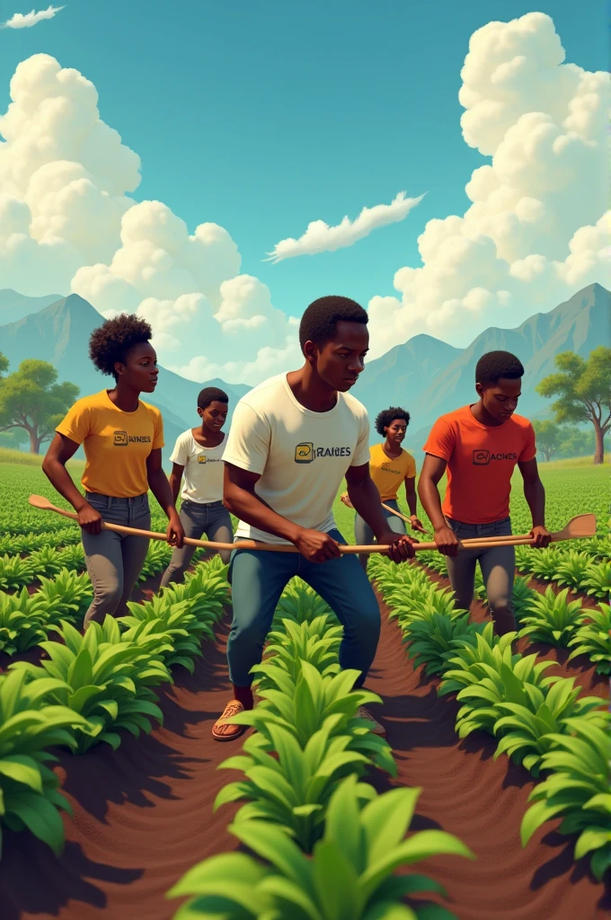 Des agriculteurs noir dans le champs avec des t-shirts avec mention Racines ONG 