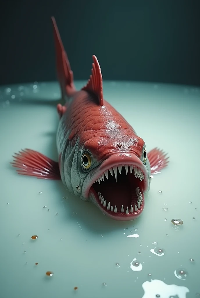 A highly scary piranha swimming in milk