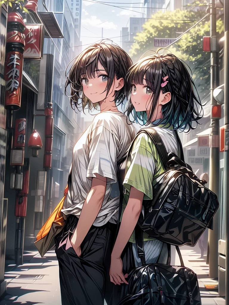 Vibrant, animated street scene in a bustling urban area. The layout features a central character, a young man with tousled dark hair, light skin, and a cheerful expression, walking confidently down a crosswalk. He is dressed casually in a beige t-shirt, green cargo pants, and white sneakers, carrying a book in his left hand and a black backpack on his shoulders. Surrounding him are various pedestrians, some in casual attire, walking in different directions. The background is filled with tall buildings adorned with colorful vertical signs in various languages, primarily Japanese, indicating shops and businesses. The sky is clear and blue, and the scene is bathed in bright daylight, with shadows cast by the buildings and a tree with green leaves providing some shade. (( Camera view : Long angel shot, long shot))