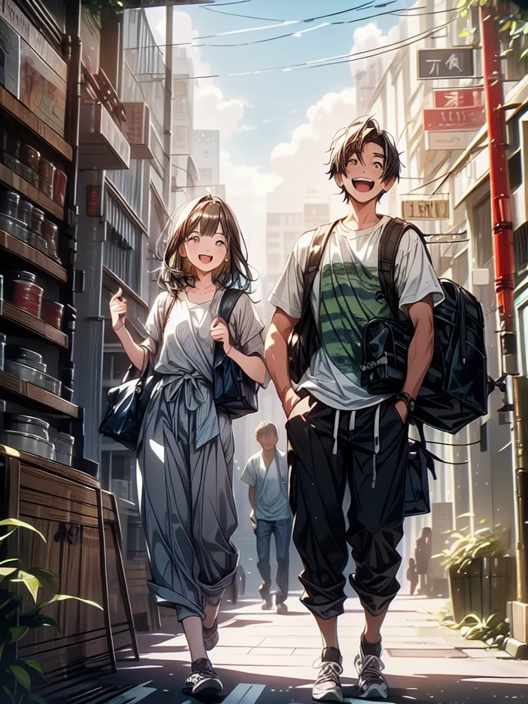 Vibrant, animated street scene in a bustling urban area. The layout features a central character, a young man with tousled dark hair, light skin, and a cheerful expression, walking confidently down a crosswalk. He is dressed casually in a beige t-shirt, green cargo pants, and white sneakers, carrying a book in his left hand and a black backpack on his shoulders. Surrounding him are various pedestrians, some in casual attire, walking in different directions. The background is filled with tall buildings adorned with colorful vertical signs in various languages, primarily Japanese, indicating shops and businesses. The sky is clear and blue, and the scene is bathed in bright daylight, with shadows cast by the buildings and a tree with green leaves providing some shade. (( Camera view : Long angel shot, long shot))