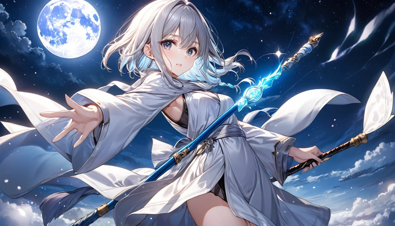 **235. One person。Guardians of the Moon fight scene。Under the full moon shining in the night sky。Cowboy shot or close-up。  
masterpiece, best quality, ultra detailed (Detailed fingers), (Emotional), (Breathtakingly beautiful),  
(main part: 1.2 Whole body。), (Anime Style), (Very detailed), (Controlling the power of the moon),  
(超High resolution, High resolution), (8k), (High resolution: 1.2), (Complex and beautiful: 1.2)**
- background: Night sky with full moon shining、star々In the blinking silence。
- Guardian of the Moon: Wearing a silver robe、Controlling the power of the moon少女、Holds the moon wand。
-pose: Lift up your cane、The moment when the moonlight is collected。
-expression: A calm and mysterious look、Quiet strength in the moonlight。
- Effects: The moonlight emitted from the staff envelopes the enemy.、An effect that combines healing and attack。
-color: Silver and blue moon colors、Contrast that symbolizes the mystery of the night。
