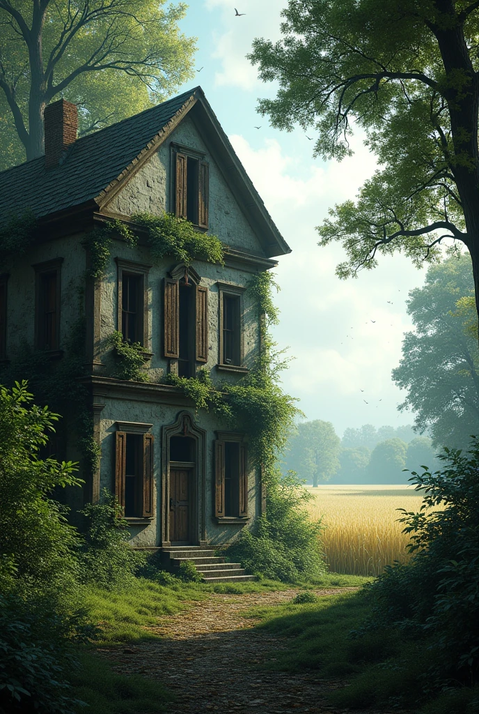 an old building in the middle of the forest and there is a large field