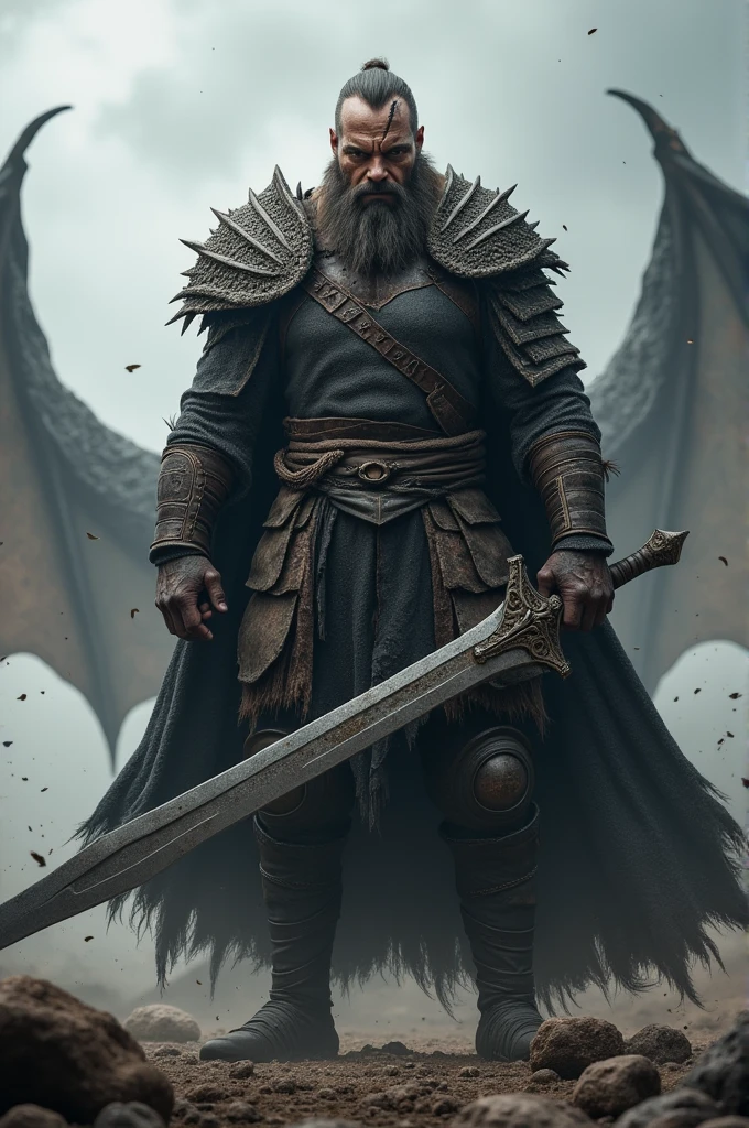 Give me a harsh warrior picture with scar on eye, keep it relatable to game of thrones and dragons