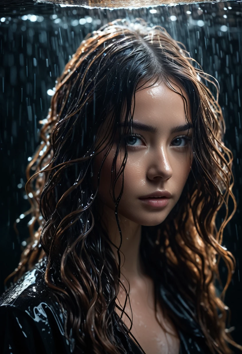 a beautiful young woman in black with long hair, in the style of textural layers, reefwave, light brown and light black, wet-on-wet blending, wavy, pop inspo, captivating gaze, dramatic cinematic lighting, photo realistic, cinematic, movie still, captured in the style of Sony Alpha A7 III camera