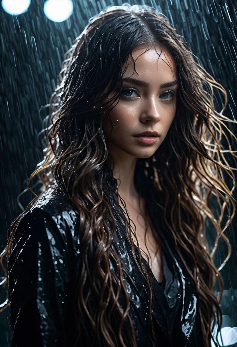 a beautiful young woman in black with long hair, in the style of textural layers, reefwave, light brown and light black, wet-on-wet blending, wavy, pop inspo, captivating gaze, dramatic cinematic lighting, photo realistic, cinematic, movie still, captured in the style of Sony Alpha A7 III camera