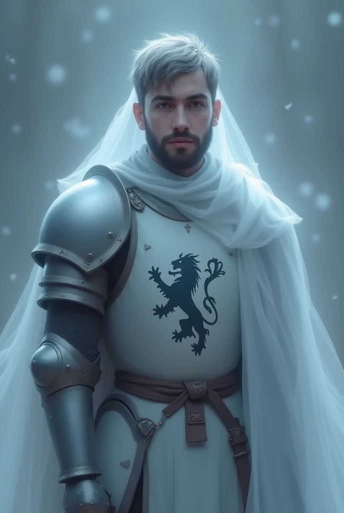 Generate a grayish blue ghost image. The ghost is a young knight, moreno, short-bearded with light armor and a kind face. On his shield and breastplate you can see the image of a lion and two magic wands.

