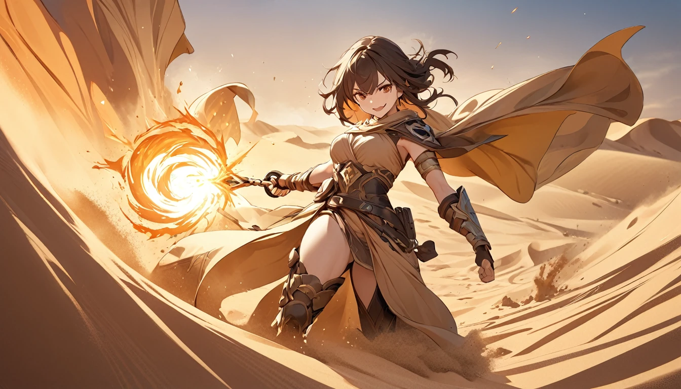 **236. One person。Desert female bandit fight scene。In the scorching desert。Cowboy shot or close-up。
masterpiece, best quality, ultra detailed (Detailed fingers), (Emotional), (Breathtakingly beautiful),
(main part: 1.2 Whole body。), (Anime Style), (Very detailed), (Controlling the power of sand),
(超High resolution, High resolution), (8k), (High resolution: 1.2), (Complex and beautiful: 1.2)**
- background: Endless Desert、The burning sun shines down。
- Desert Thief: Dressed in sand-colored cloth、Controlling the power of sand少女、Create a sandstorm。
-pose: Kilning up sand、The moment the enemy disappears from sight。
-expression: Invincible smile、As elusive as sand。
- Effects: A sandstorm engulfs the enemy.、Take away my vision、Attacking Effects。
-color: Gold and brown sand colors、A contrast that symbolizes the heat and harshness of the desert。
