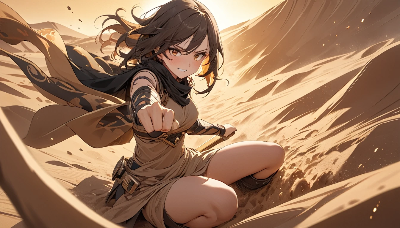 **236. One person。Desert female bandit fight scene。In the scorching desert。Cowboy shot or close-up。
masterpiece, best quality, ultra detailed (Detailed fingers), (Emotional), (Breathtakingly beautiful),
(main part: 1.2 Whole body。), (Anime Style), (Very detailed), (Controlling the power of sand),
(超High resolution, High resolution), (8k), (High resolution: 1.2), (Complex and beautiful: 1.2)**
- background: Endless Desert、The burning sun shines down。
- Desert Thief: Dressed in sand-colored cloth、Controlling the power of sand少女、Create a sandstorm。
-pose: Kilning up sand、The moment the enemy disappears from sight。
-expression: Invincible smile、As elusive as sand。
- Effects: A sandstorm engulfs the enemy.、Take away my vision、Attacking Effects。
-color: Gold and brown sand colors、A contrast that symbolizes the heat and harshness of the desert。
