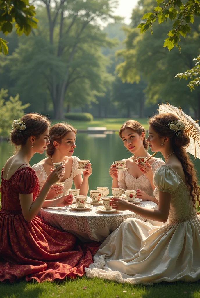 Women picnicking in the park in Victorian dresses and holding beautiful decorated cups