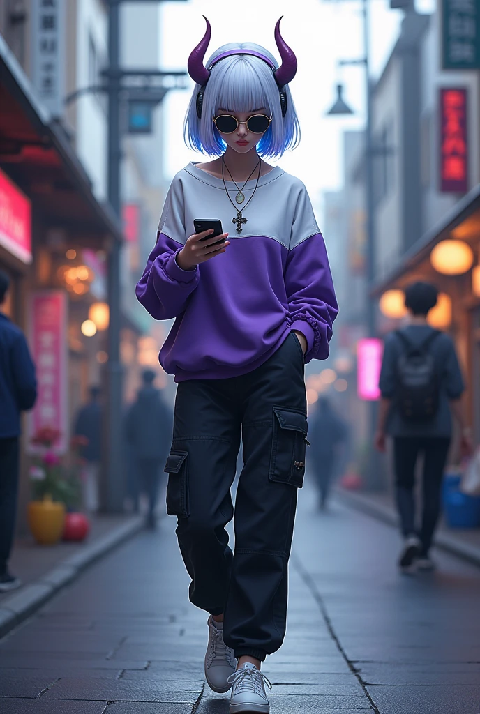 demon girl, White and blue hair, short hair,He wears a white and purple sweatshirt,a cross necklace,wear sunglasses,use headphones,wear black cargo pants,white tennis shoes and walks down a Japanese street while looking at his cell phone