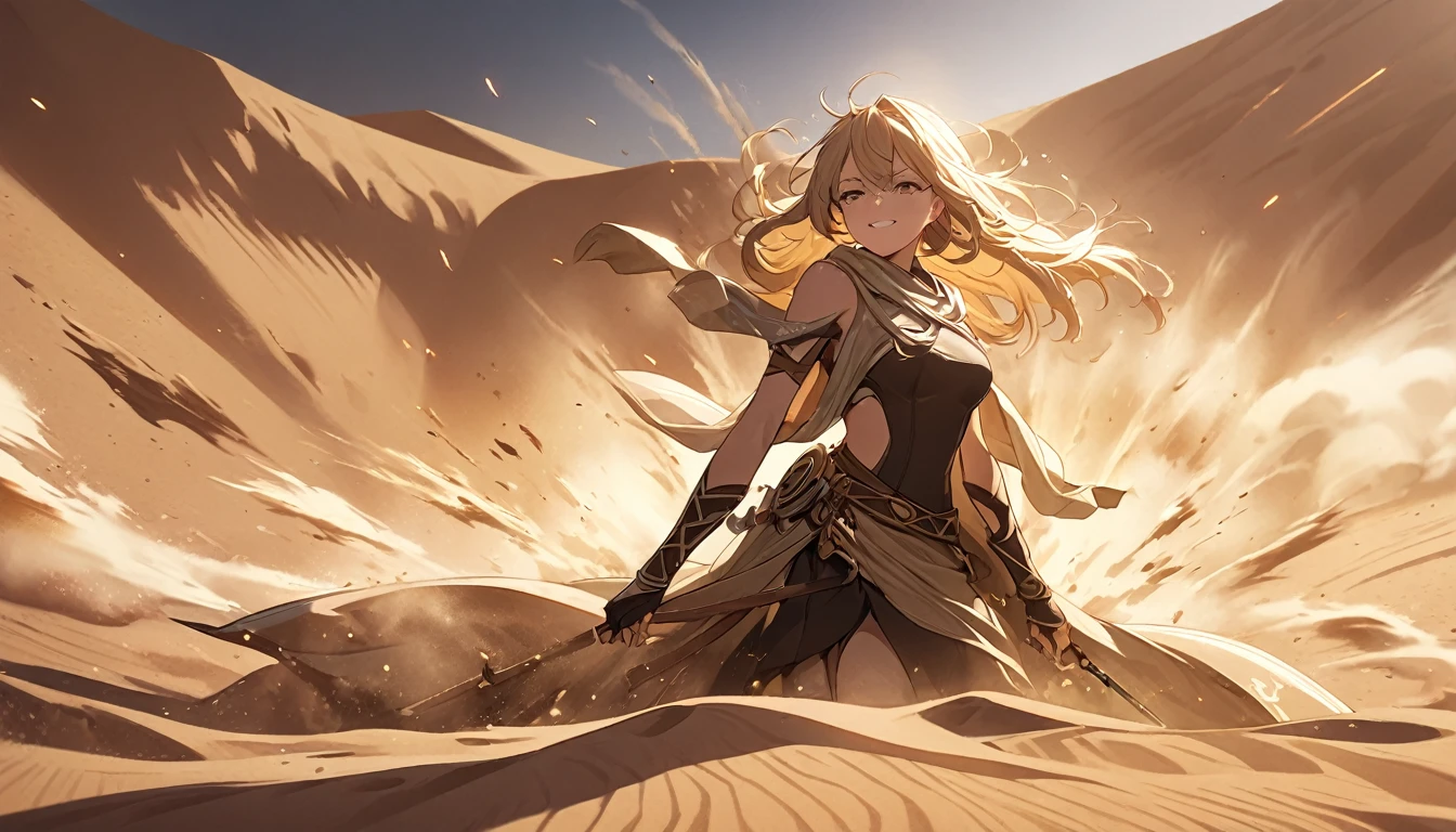 **236. One person。Desert female bandit fight scene。In the scorching desert。Cowboy shot or close-up。
masterpiece, best quality, ultra detailed (Detailed fingers), (Emotional), (Breathtakingly beautiful),
(main part: 1.2 Whole body。), (Anime Style), (Very detailed), (Controlling the power of sand),
(超High resolution, High resolution), (8k), (High resolution: 1.2), (Complex and beautiful: 1.2)**
- background: Endless Desert、The burning sun shines down。
- Desert Thief: Dressed in sand-colored cloth、Controlling the power of sand少女、Create a sandstorm。
-pose: Kilning up sand、The moment the enemy disappears from sight。
-expression: Invincible smile、As elusive as sand。
- Effects: A sandstorm engulfs the enemy.、Take away my vision、Attacking Effects。
-color: Gold and brown sand colors、A contrast that symbolizes the heat and harshness of the desert。