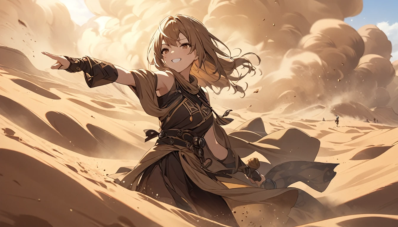 **236. One person。Desert female bandit fight scene。In the scorching desert。Cowboy shot or close-up。  
masterpiece, best quality, ultra detailed (Detailed fingers), (Emotional), (Breathtakingly beautiful),  
(main part: 1.2 Whole body。), (Anime Style), (Very detailed), (Controlling the power of sand),  
(超High resolution, High resolution), (8k), (High resolution: 1.2), (Complex and beautiful: 1.2)**
- background: Endless Desert、The burning sun shines down。
- Desert Thief: Dressed in sand-colored cloth、Controlling the power of sand少女、Create a sandstorm。
-pose: Kilning up sand、The moment the enemy disappears from sight。
-expression: Invincible smile、As elusive as sand。
- Effects: A sandstorm engulfs the enemy.、Take away my vision、Attacking Effects。
-color: Gold and brown sand colors、A contrast that symbolizes the heat and harshness of the desert。
