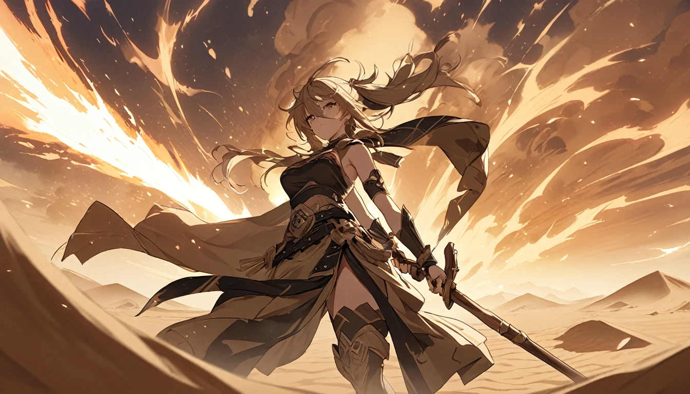 **236. One person。Desert female bandit fight scene。In the scorching desert。Cowboy shot or close-up。
masterpiece, best quality, ultra detailed (Detailed fingers), (Emotional), (Breathtakingly beautiful),
(main part: 1.2 Whole body。), (Anime Style), (Very detailed), (Controlling the power of sand),
(超High resolution, High resolution), (8k), (High resolution: 1.2), (Complex and beautiful: 1.2)**
- background: Endless Desert、The burning sun shines down。
- Desert Thief: Dressed in sand-colored cloth、Controlling the power of sand少女、Create a sandstorm。
-pose: Kilning up sand、The moment the enemy disappears from sight。
-expression: Invincible smile、As elusive as sand。
- Effects: A sandstorm engulfs the enemy.、Take away my vision、Attacking Effects。
-color: Gold and brown sand colors、A contrast that symbolizes the heat and harshness of the desert。