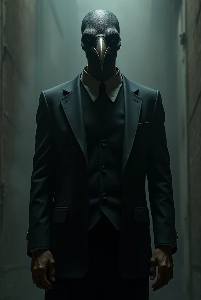 A bold man in a black suit with birds beak