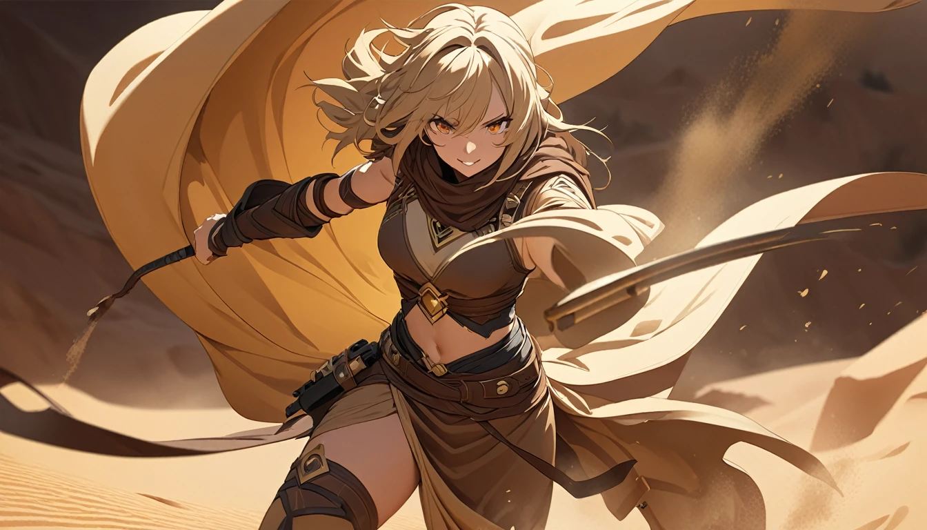**236. One person。Desert female bandit fight scene。In the scorching desert。Cowboy shot or close-up。  
masterpiece, best quality, ultra detailed (Detailed fingers), (Emotional), (Breathtakingly beautiful),  
(main part: 1.2 Whole body。), (Anime Style), (Very detailed), (Controlling the power of sand),  
(超High resolution, High resolution), (8k), (High resolution: 1.2), (Complex and beautiful: 1.2)**
- background: Endless Desert、The burning sun shines down。
- Desert Thief: Dressed in sand-colored cloth、Controlling the power of sand少女、Create a sandstorm。
-pose: Kilning up sand、The moment the enemy disappears from sight。
-expression: Invincible smile、As elusive as sand。
- Effects: A sandstorm engulfs the enemy.、Take away my vision、Attacking Effects。
-color: Gold and brown sand colors、A contrast that symbolizes the heat and harshness of the desert。
