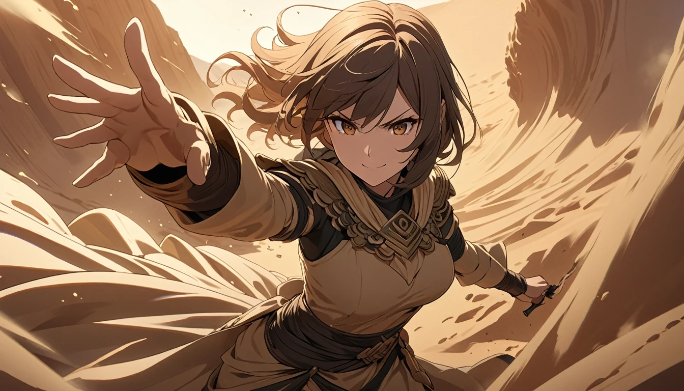 **236. One person。Desert female bandit fight scene。In the scorching desert。Cowboy shot or close-up。
masterpiece, best quality, ultra detailed (Detailed fingers), (Emotional), (Breathtakingly beautiful),
(main part: 1.2 Whole body。), (Anime Style), (Very detailed), (Controlling the power of sand),
(超High resolution, High resolution), (8k), (High resolution: 1.2), (Complex and beautiful: 1.2)**
- background: Endless Desert、The burning sun shines down。
- Desert Thief: Dressed in sand-colored cloth、Controlling the power of sand少女、Create a sandstorm。
-pose: Kilning up sand、The moment the enemy disappears from sight。
-expression: Invincible smile、As elusive as sand。
- Effects: A sandstorm engulfs the enemy.、Take away my vision、Attacking Effects。
-color: Gold and brown sand colors、A contrast that symbolizes the heat and harshness of the desert。