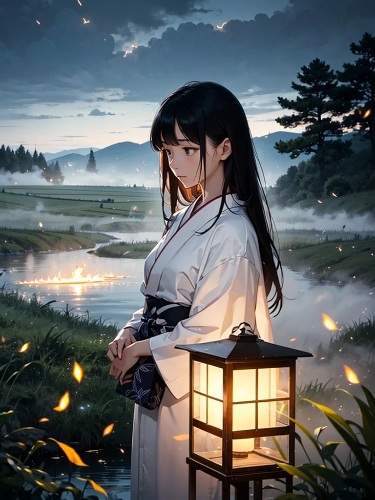 Masterpiece, illusion, Highest Quality, natta, Cloudy night, Oborotsuki, ((Fireflies)), ((countryside)), (countryside), River surface, Adult woman wearing a yukata, Heavy evening fog, Flowing evening fog, dry ice, thick fog, confession, regret, loneliness, Long black hair, Hair luster, after the rain, Whole body, Overhead, Sync Lantern, sorrow, separation, reminiscence, thought