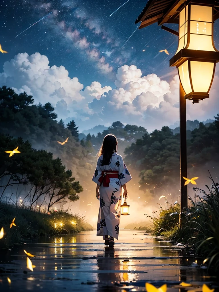 Masterpiece, illusion, Highest Quality, natta, Cloudy night, Oborotsuki, ((Fireflies)), ((countryside)), (countryside), River surface, Adult woman wearing a yukata, Heavy evening fog, Flowing evening fog, dry ice, thick fog, confession, regret, loneliness, Long black hair, Hair luster, after the rain, Whole body, Overhead, Sync Lantern, sorrow, separation, reminiscence, thought