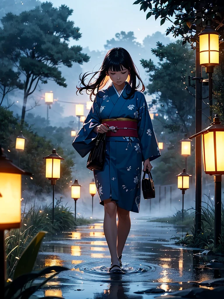 Masterpiece, illusion, Highest Quality, natta, Cloudy night, Oborotsuki, ((Fireflies)), ((countryside)), (countryside), River surface, Adult woman wearing a yukata, Heavy evening fog, Flowing evening fog, dry ice, thick fog, confession, regret, loneliness, Long black hair, Hair luster, after the rain, Whole body, Overhead, Sync Lantern, sorrow, separation, reminiscence, thought