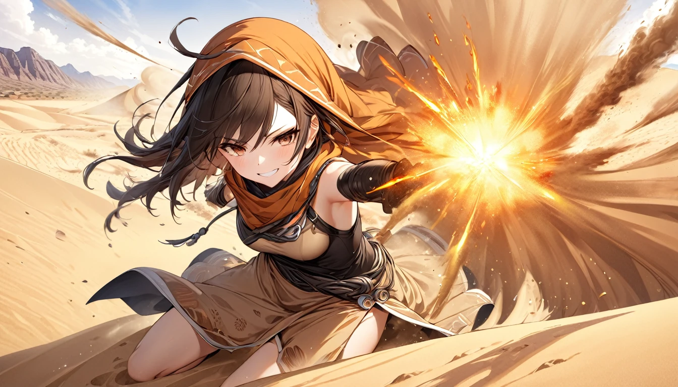 **236. One person。Desert female bandit fight scene。In the scorching desert。Cowboy shot or close-up。
masterpiece, best quality, ultra detailed (Detailed fingers), (Emotional), (Breathtakingly beautiful),
(main part: 1.2 Whole body。), (Anime Style), (Very detailed), (Controlling the power of sand),
(超High resolution, High resolution), (8k), (High resolution: 1.2), (Complex and beautiful: 1.2)**
- background: Endless Desert、The burning sun shines down。
- Desert Thief: Dressed in sand-colored cloth、Controlling the power of sand少女、Create a sandstorm。
-pose: Kilning up sand、The moment the enemy disappears from sight。
-expression: Invincible smile、As elusive as sand。
- Effects: A sandstorm engulfs the enemy.、Take away my vision、Attacking Effects。
-color: Gold and brown sand colors、A contrast that symbolizes the heat and harshness of the desert。