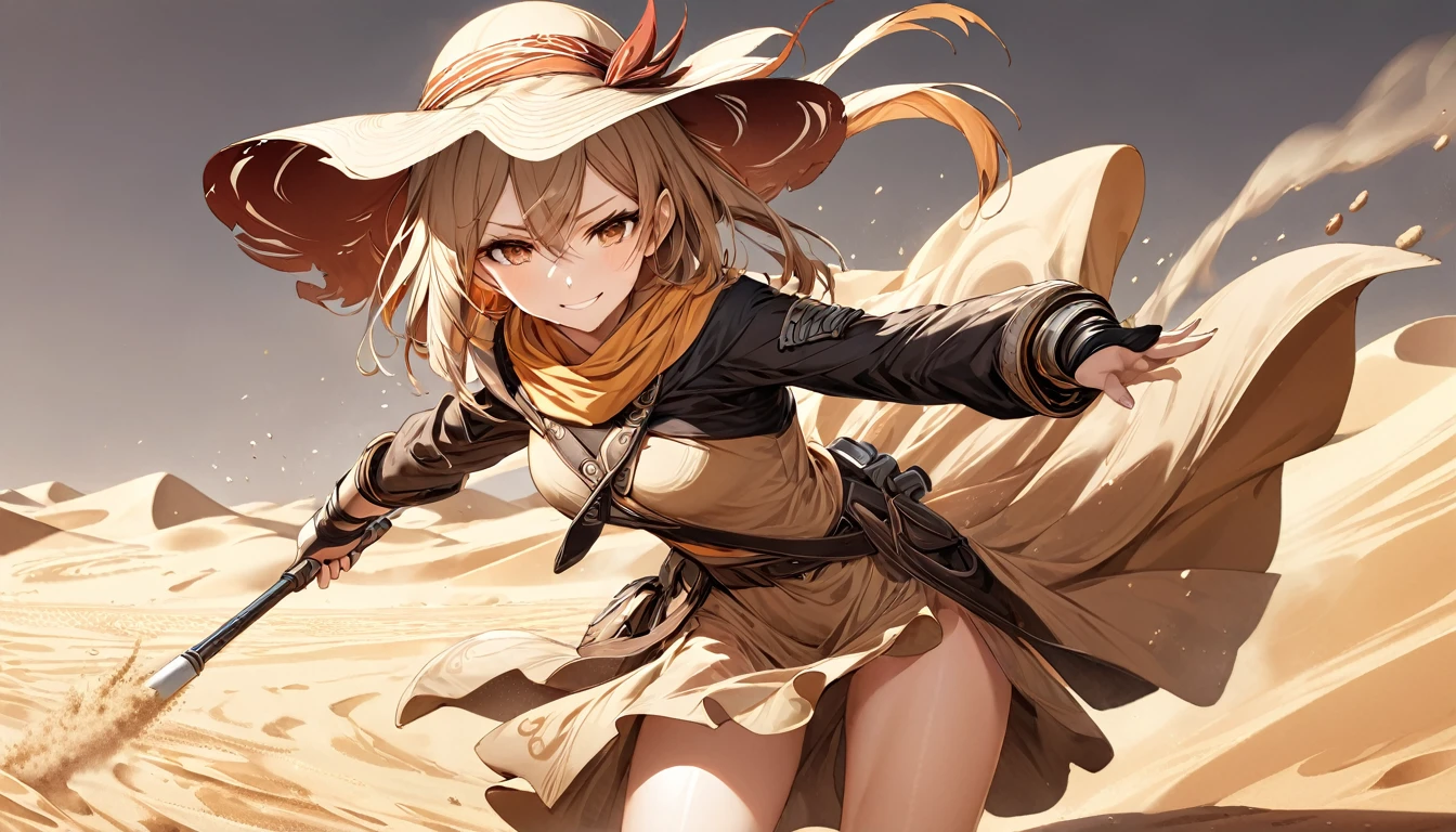 **236. One person。Desert female bandit fight scene。In the scorching desert。Cowboy shot or close-up。
masterpiece, best quality, ultra detailed (Detailed fingers), (Emotional), (Breathtakingly beautiful),
(main part: 1.2 Whole body。), (Anime Style), (Very detailed), (Controlling the power of sand),
(超High resolution, High resolution), (8k), (High resolution: 1.2), (Complex and beautiful: 1.2)**
- background: Endless Desert、The burning sun shines down。
- Desert Thief: Dressed in sand-colored cloth、Controlling the power of sand少女、Create a sandstorm。
-pose: Kilning up sand、The moment the enemy disappears from sight。
-expression: Invincible smile、As elusive as sand。
- Effects: A sandstorm engulfs the enemy.、Take away my vision、Attacking Effects。
-color: Gold and brown sand colors、A contrast that symbolizes the heat and harshness of the desert。