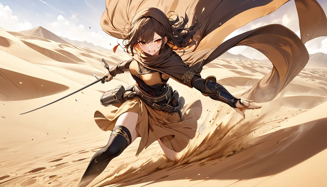**236. One person。Desert female bandit fight scene。In the scorching desert。Cowboy shot or close-up。
masterpiece, best quality, ultra detailed (Detailed fingers), (Emotional), (Breathtakingly beautiful),
(main part: 1.2 Whole body。), (Anime Style), (Very detailed), (Controlling the power of sand),
(超High resolution, High resolution), (8k), (High resolution: 1.2), (Complex and beautiful: 1.2)**
- background: Endless Desert、The burning sun shines down。
- Desert Thief: Dressed in sand-colored cloth、Controlling the power of sand少女、Create a sandstorm。
-pose: Kilning up sand、The moment the enemy disappears from sight。
-expression: Invincible smile、As elusive as sand。
- Effects: A sandstorm engulfs the enemy.、Take away my vision、Attacking Effects。
-color: Gold and brown sand colors、A contrast that symbolizes the heat and harshness of the desert。