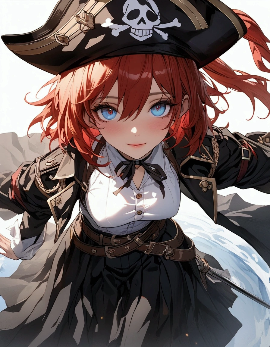 (Masterpiece. The best quality. 8K. Sharp focus. Depth of field, The best shadows. Perfect lighting. HDR. Realistic skin texture. Ultra-detailed background. Detailing). Anime style. Honkai: Star Rail. March 7. 1 girl. Fiery red hair, short hair. Azure blue eyes, beautiful eyes, beautiful eyes, expressive eyes. Beautiful nose, perfect facial features. Perfect anatomical body, slender figure, second size breasts, beautiful breasts, thin waist, rounded hips, beautiful long legs. Pirate hat, white blouse, pirate pants, Uniform cloak, shoulder straps with the Jolly Roger, knee-length boots, wide belt at the waist. Right hand. Saber. Left hand. Musket Feet shoulder-width apart. Stands at full height. Concept art. Looking at the viewer. Full height. Full body.