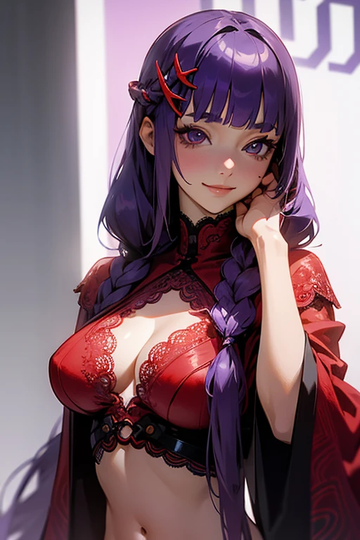 1 person, Blunt bangs, Braiding, Wide sleeves, hair ornaments,Obi says, (Purple Hair:1.2), Very long hair, Straight hair, Looking at the audience, Highly detailed background, (Realistic:1.2), Beautiful Eyes, Red eyeshadow, thigh, (Urzan-6500:0.7), Upper Body, (alone:1.2), (Cyberpunk City:1.1), Cleavage,,Glowing Skin、(Navel exposed).((Face close-up))、((smile))、(Red lace costume).((Sexy pose)).
