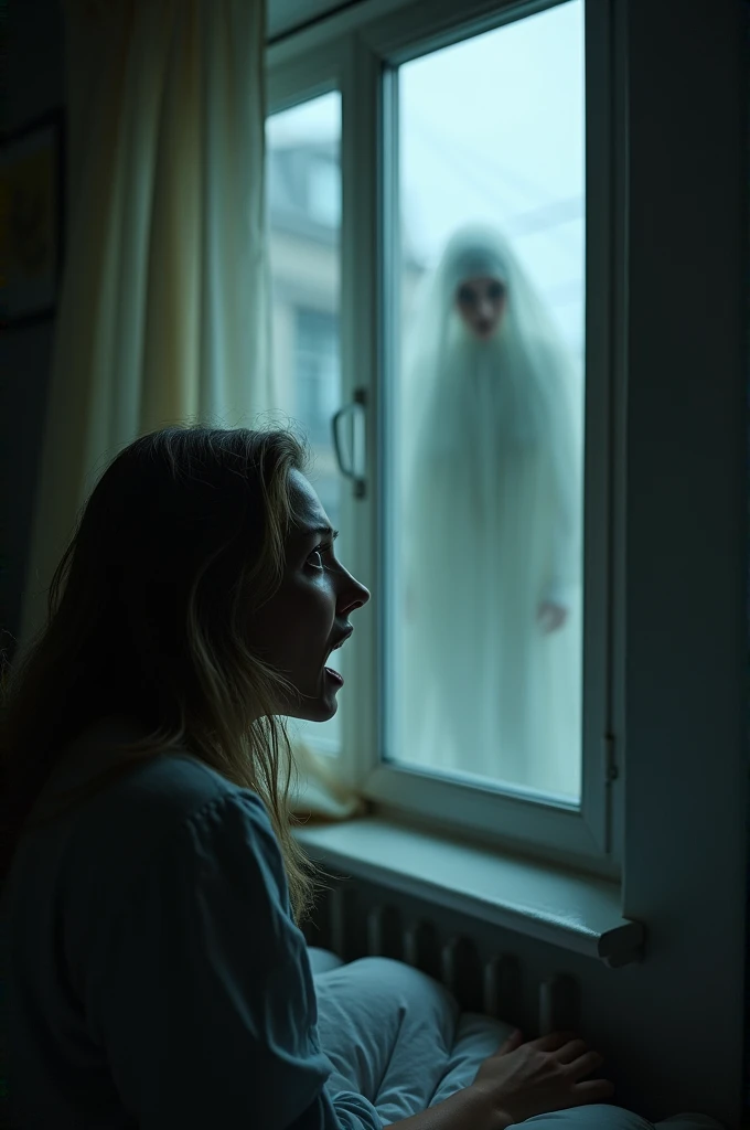 Hyperrealistic image 16:9, A frightened woman looking out of her bedroom window, that outside a spectral figure walking in the street