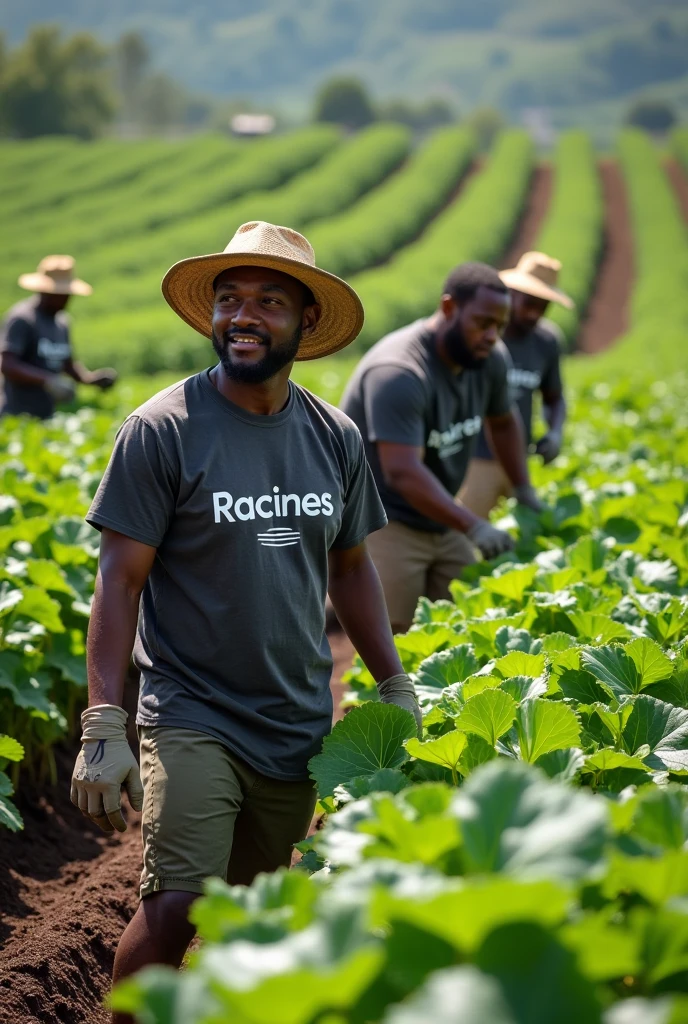 Des agriculteurs noir dans le champs avec des t-shirts avec mention Racines ONG