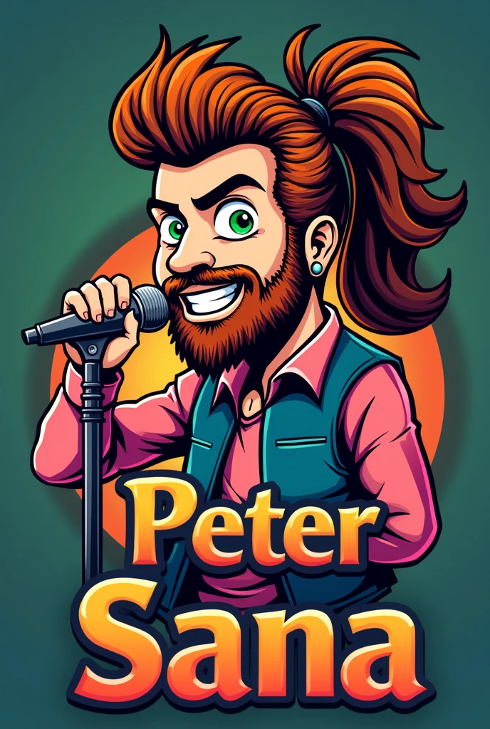 Logo rock band called Peter Sana, cartoon, 80s font, microphone in hand, big ponytail hair, beard and green eyes