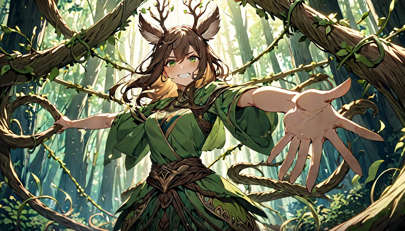 **237. One person。Forest spirit battle scene。In the ancient forest。Cowboy shot or close-up。
masterpiece, best quality, ultra detailed (Detailed fingers), (Emotional), (Breathtakingly beautiful),
(main part: 1.2 Whole body。), (Anime Style), (Very detailed), (Manipulating the forces of nature),
(超High resolution, High resolution), (8k), (High resolution: 1.2), (Complex and beautiful: 1.2)**
- background: A forest of towering ancient trees、Mysterious atmosphere。
- Forest Spirit: Wearing green clothing、Manipulating the forces of nature少女、Controlling the vines。
-pose: Manipulate the vines、The moment you entangle the enemy。
-expression: A gentle and mysterious smile、At one with nature。
- Effects: Vines entangle the enemy、Overwhelming effects with the power of nature。
-color: Green and brown natural colors、Contrast that symbolizes the strength of life。