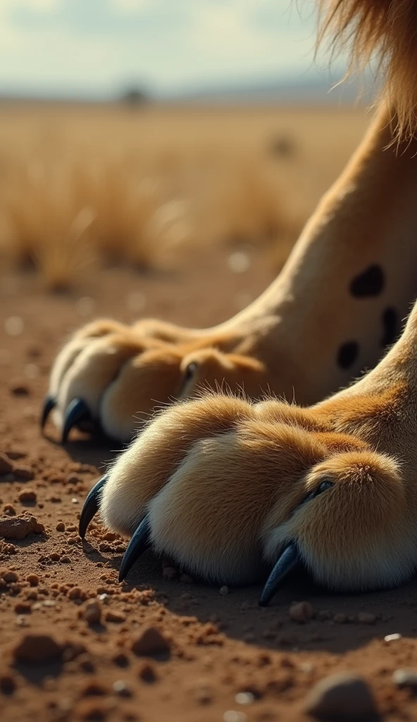 "A close-up of the lion's paw resting on the ground, with a backdrop of an empty savanna, reflecting a heavy heart."