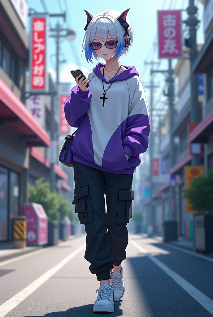 demon girl, White and blue hair, short hair,He wears a white and purple sweatshirt,a cross necklace,wear sunglasses,use headphones,wear black cargo pants,white tennis shoes and walks down a Japanese street while looking at his cell phone 