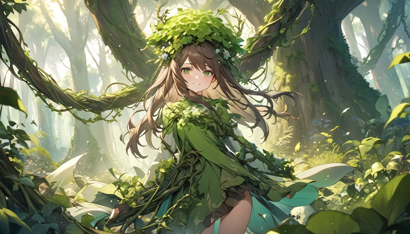 **237. One person。Forest spirit battle scene。In the ancient forest。Cowboy shot or close-up。
masterpiece, best quality, ultra detailed (Detailed fingers), (Emotional), (Breathtakingly beautiful),
(main part: 1.2 Whole body。), (Anime Style), (Very detailed), (Manipulating the forces of nature),
(超High resolution, High resolution), (8k), (High resolution: 1.2), (Complex and beautiful: 1.2)**
- background: A forest of towering ancient trees、Mysterious atmosphere。
- Forest Spirit: Wearing green clothing、Manipulating the forces of nature少女、Controlling the vines。
-pose: Manipulate the vines、The moment you entangle the enemy。
-expression: A gentle and mysterious smile、At one with nature。
- Effects: Vines entangle the enemy、Overwhelming effects with the power of nature。
-color: Green and brown natural colors、Contrast that symbolizes the strength of life。
